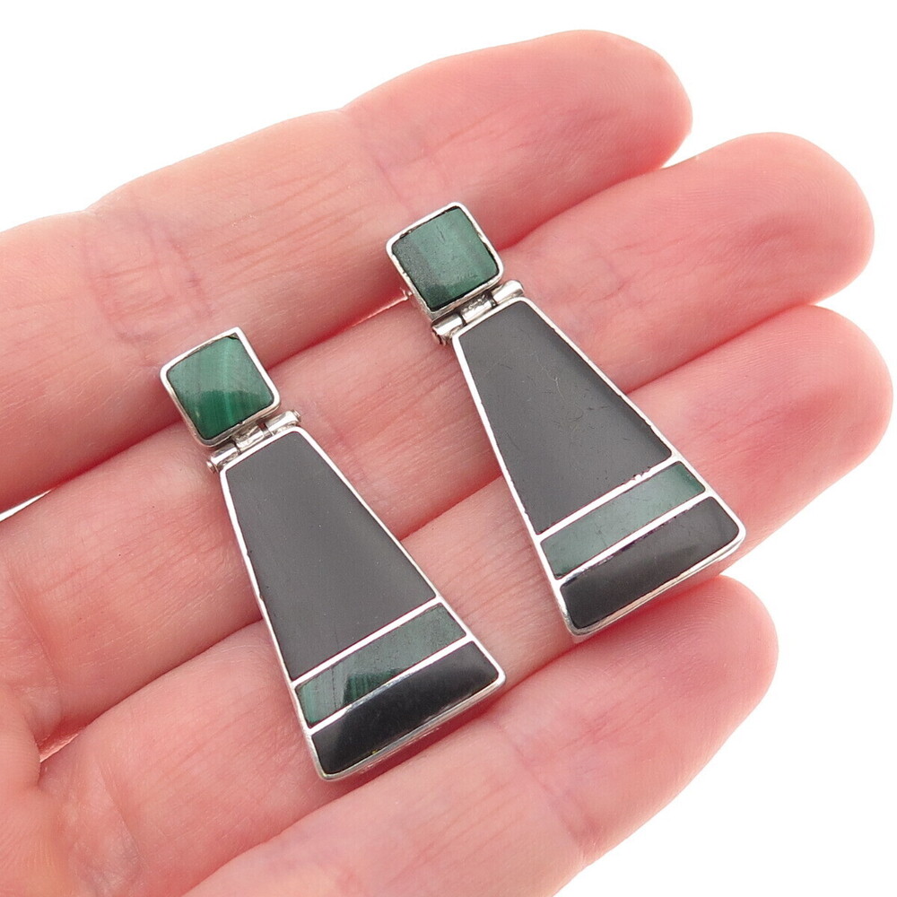 980 Silver Vintage Real Black Onyx & Malachite Modernist Dangle Earrings